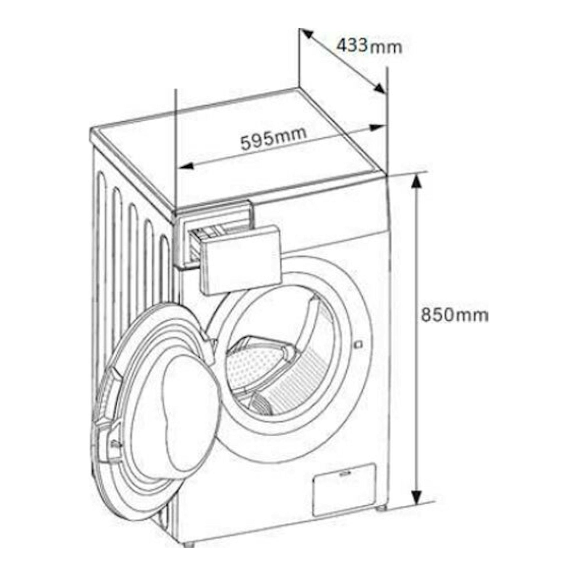 Lavadora Midea MF100W70/1/W-ES blanca, vista frontal con puerta abierta y medidas 595×433×850 mm.