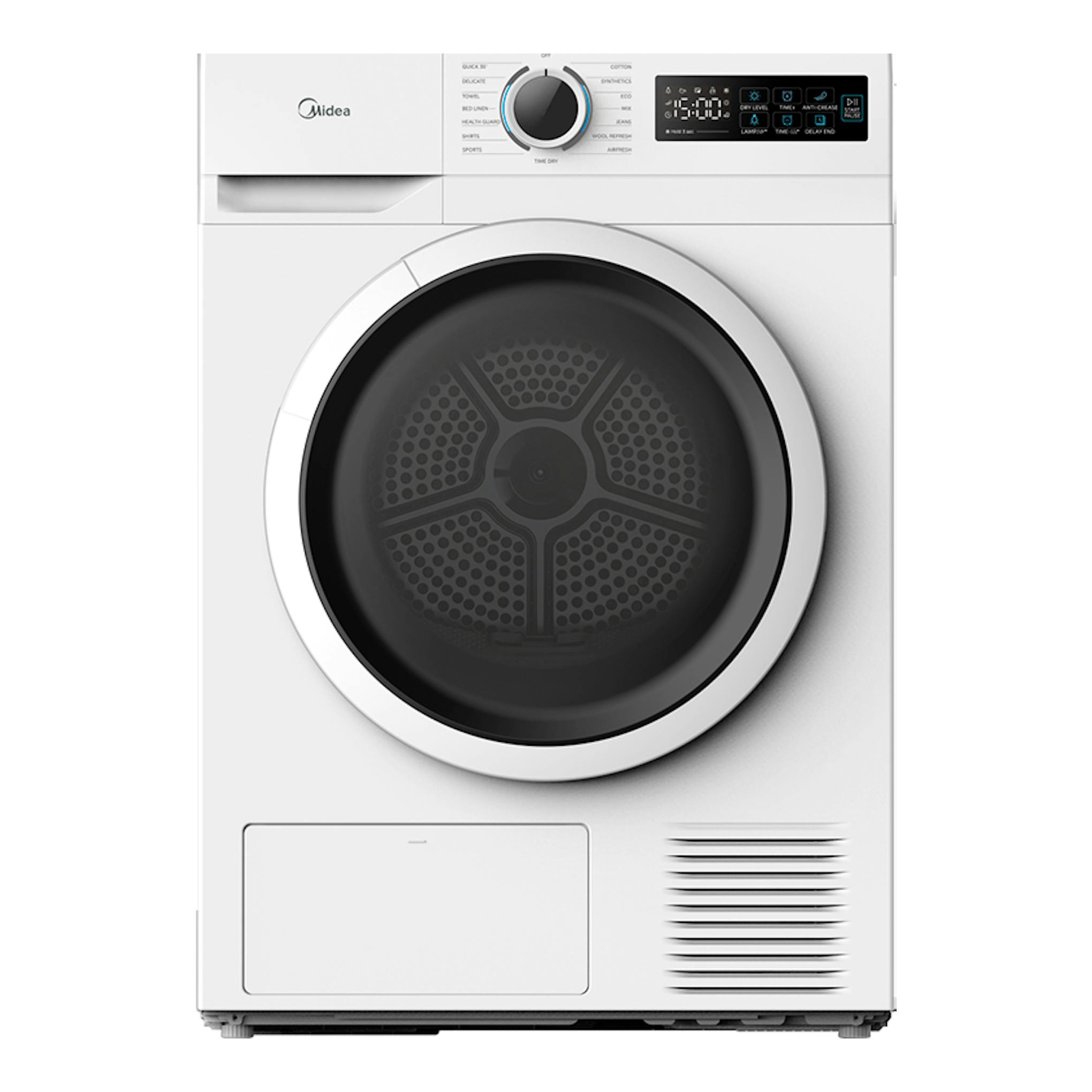 Secadora Midea MD110H80/W-ES blanca, vista frontal, con puerta circular negra y panel digital superior.