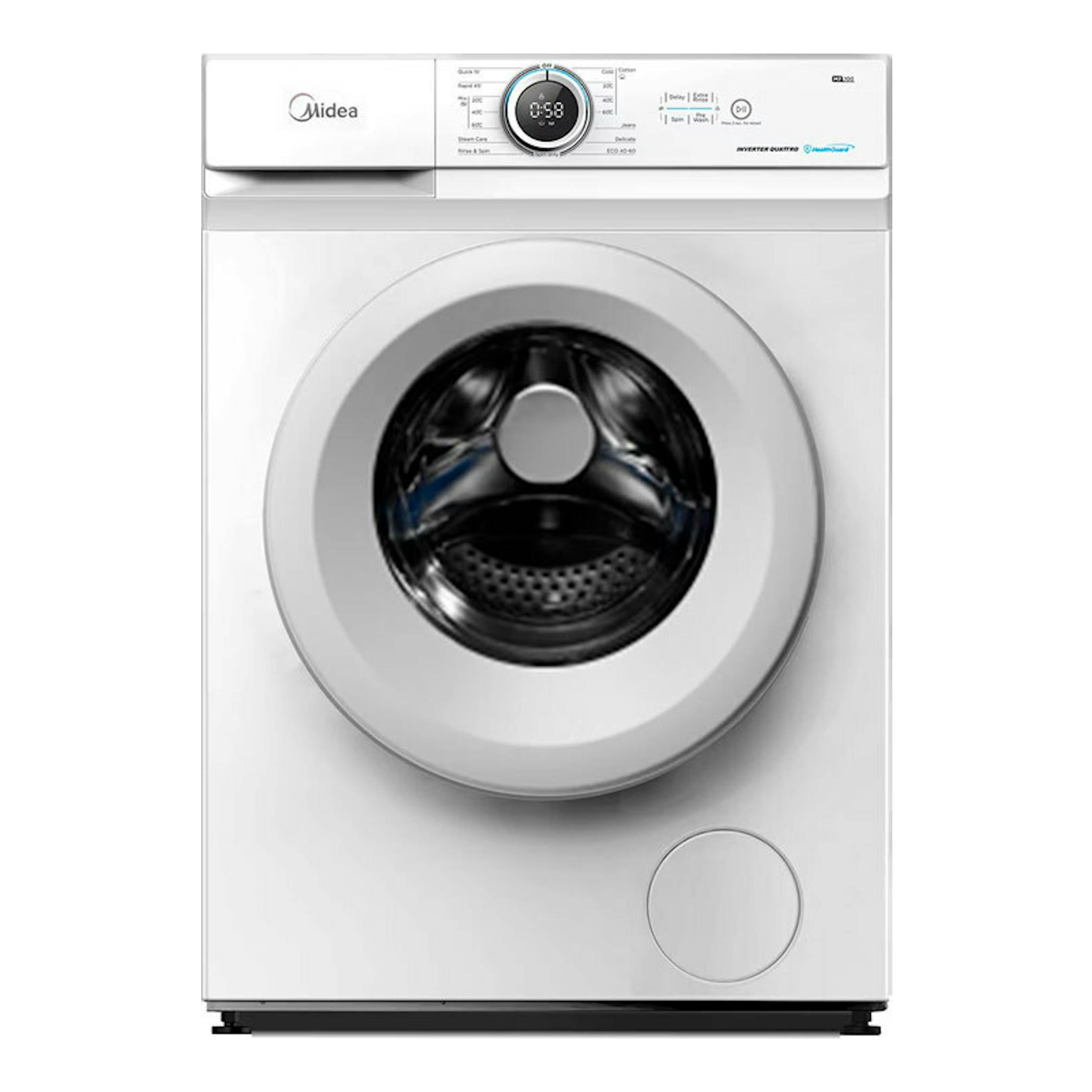 Lavadora frontal Midea MF100W80B/1/W-ES blanca, vista frontal, con puerta circular y panel superior.