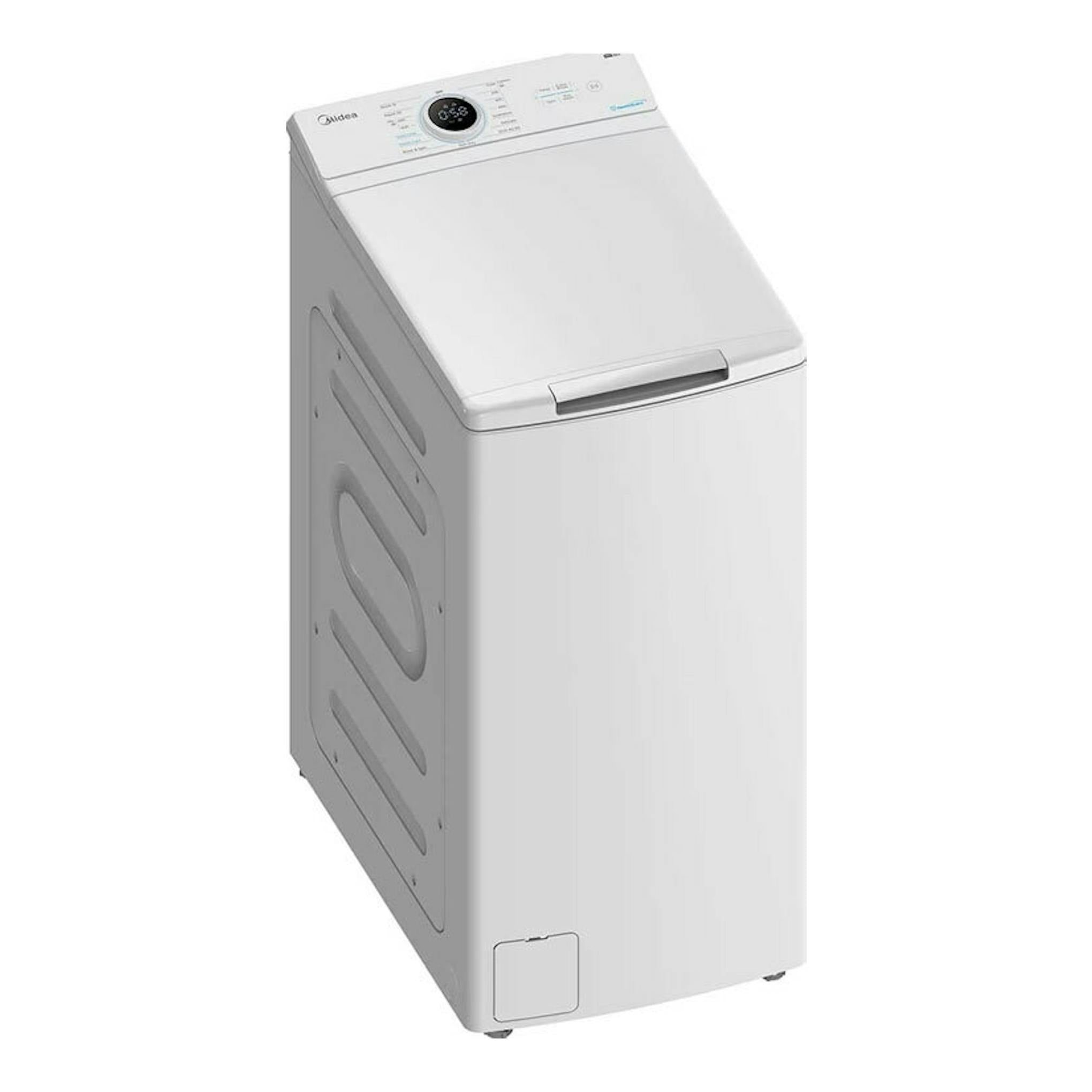 Lavadora de carga superior Midea MF100T80B/W-ES blanca, vista en ángulo frontal izquierdo.