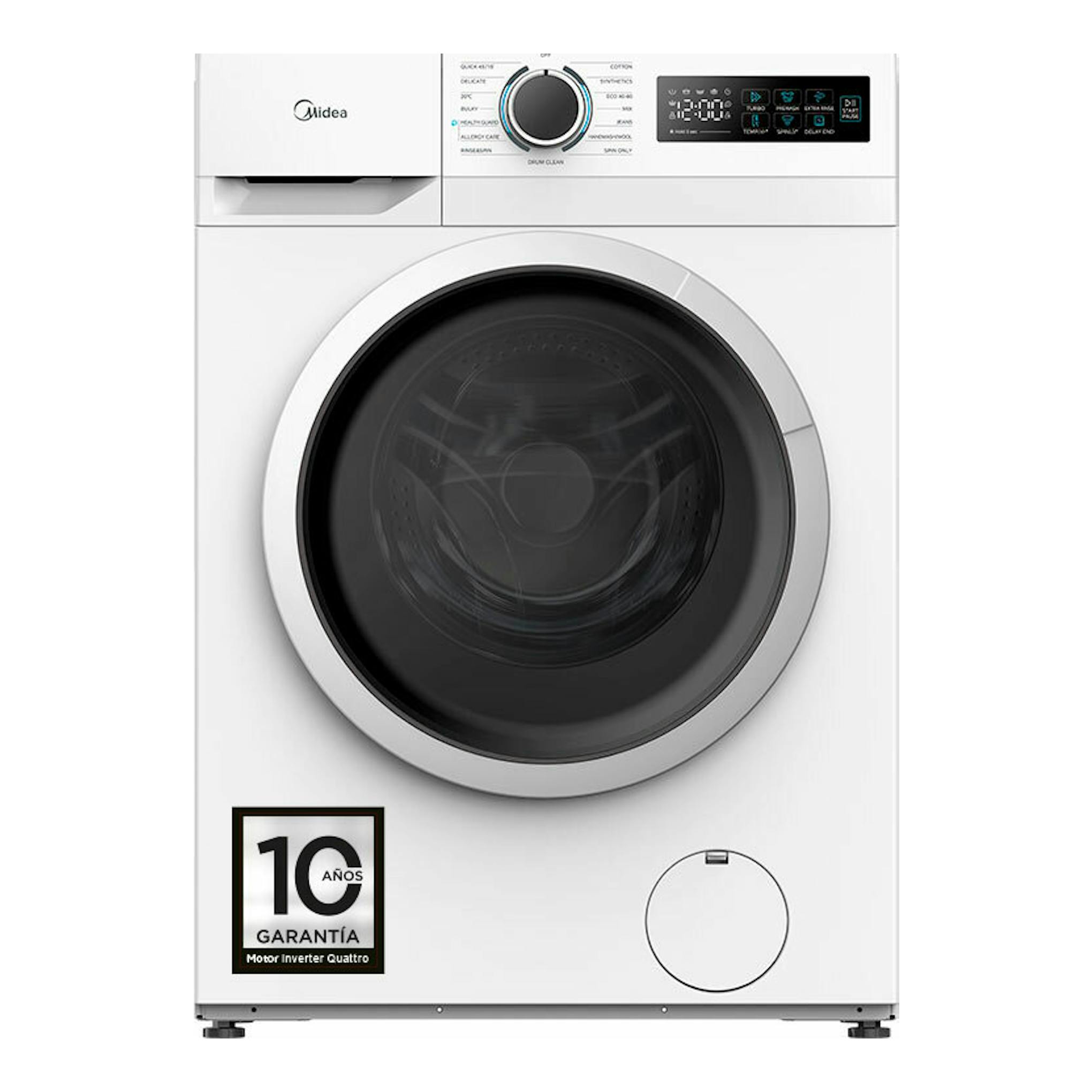 Lavadora Midea MF110W80BA10/W-ES blanca, vista frontal, con puerta negra y panel digital superior.
