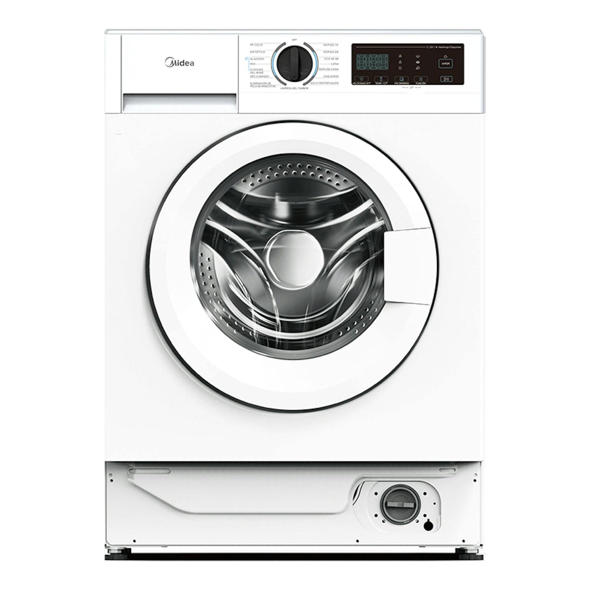 Lavadora frontal Midea MFA06W80BA10/W-ES blanca, vista frontal, con puerta circular y panel digital.