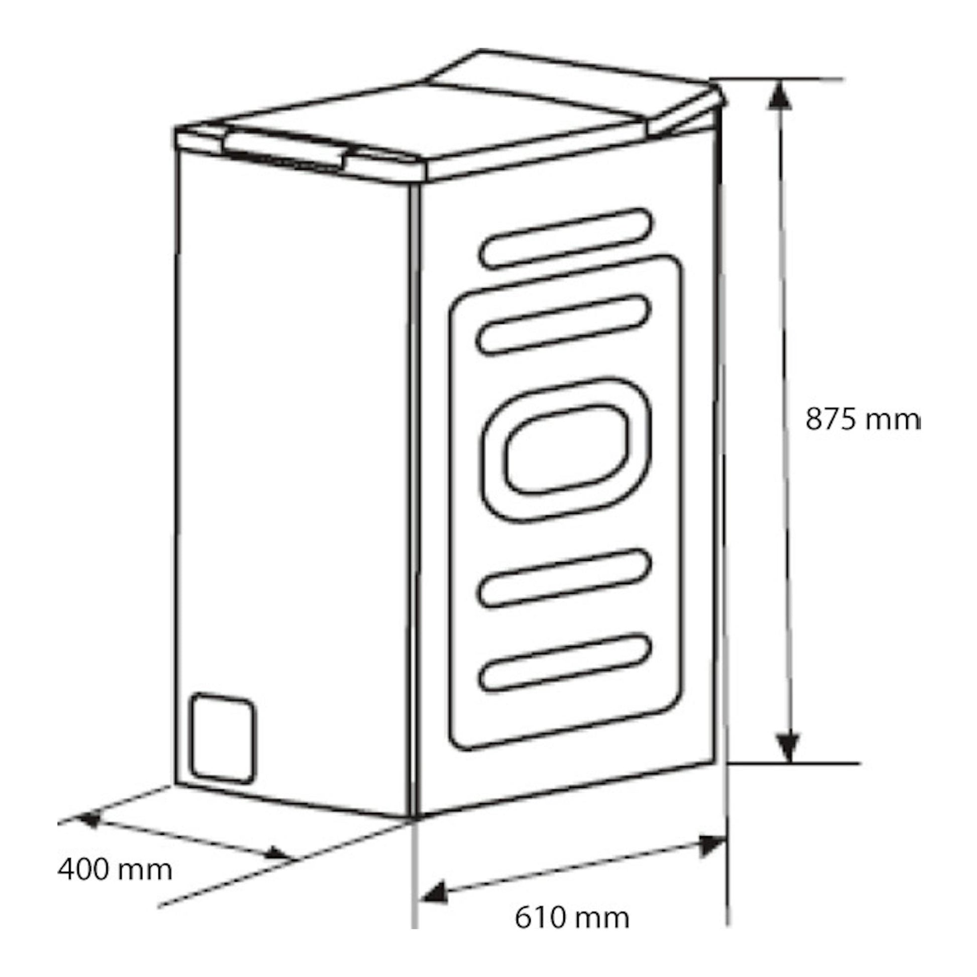 Lavadora Midea MF100T80B/W-ES de carga superior, dibujo técnico en perspectiva con medidas 875 x 610 x 400 mm.