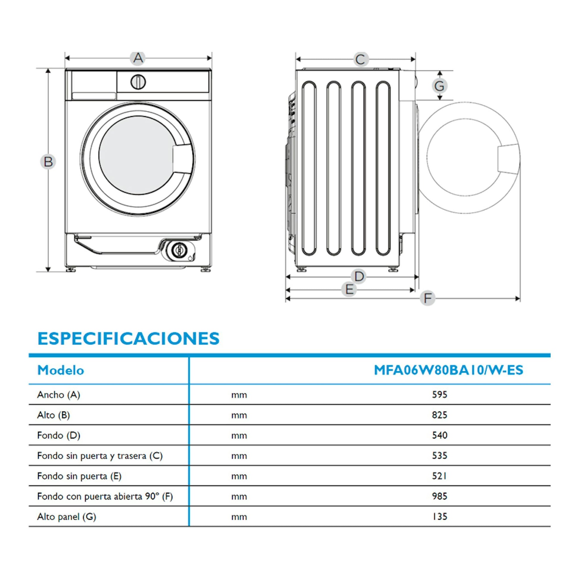 Lavadora Midea MFA06W80BA10/W-ES 8 kg, esquema técnico con vista frontal y lateral y medidas.