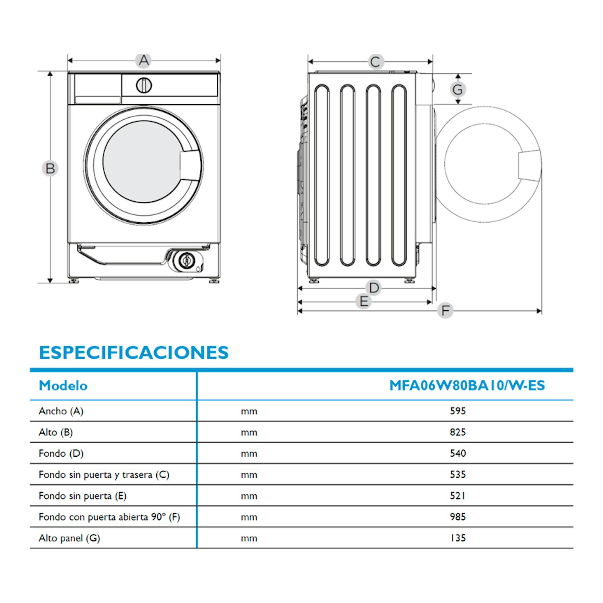 Lavadora Midea MFA06W80BA10/W-ES 8 kg, esquema técnico con vista frontal y lateral y medidas.