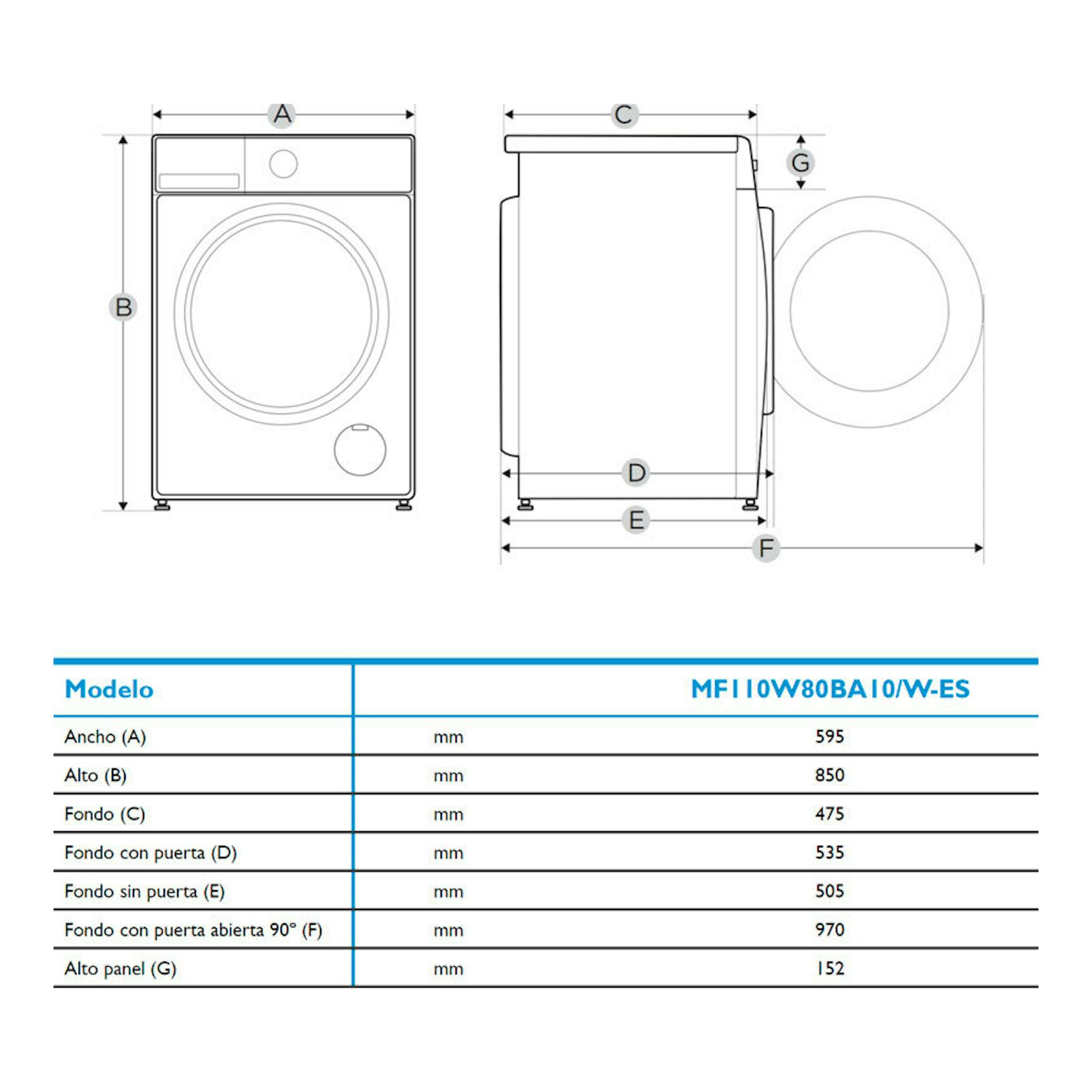 Lavadora Midea MF110W80BA10/W-ES, vistas frontal y lateral con esquema de medidas en mm.