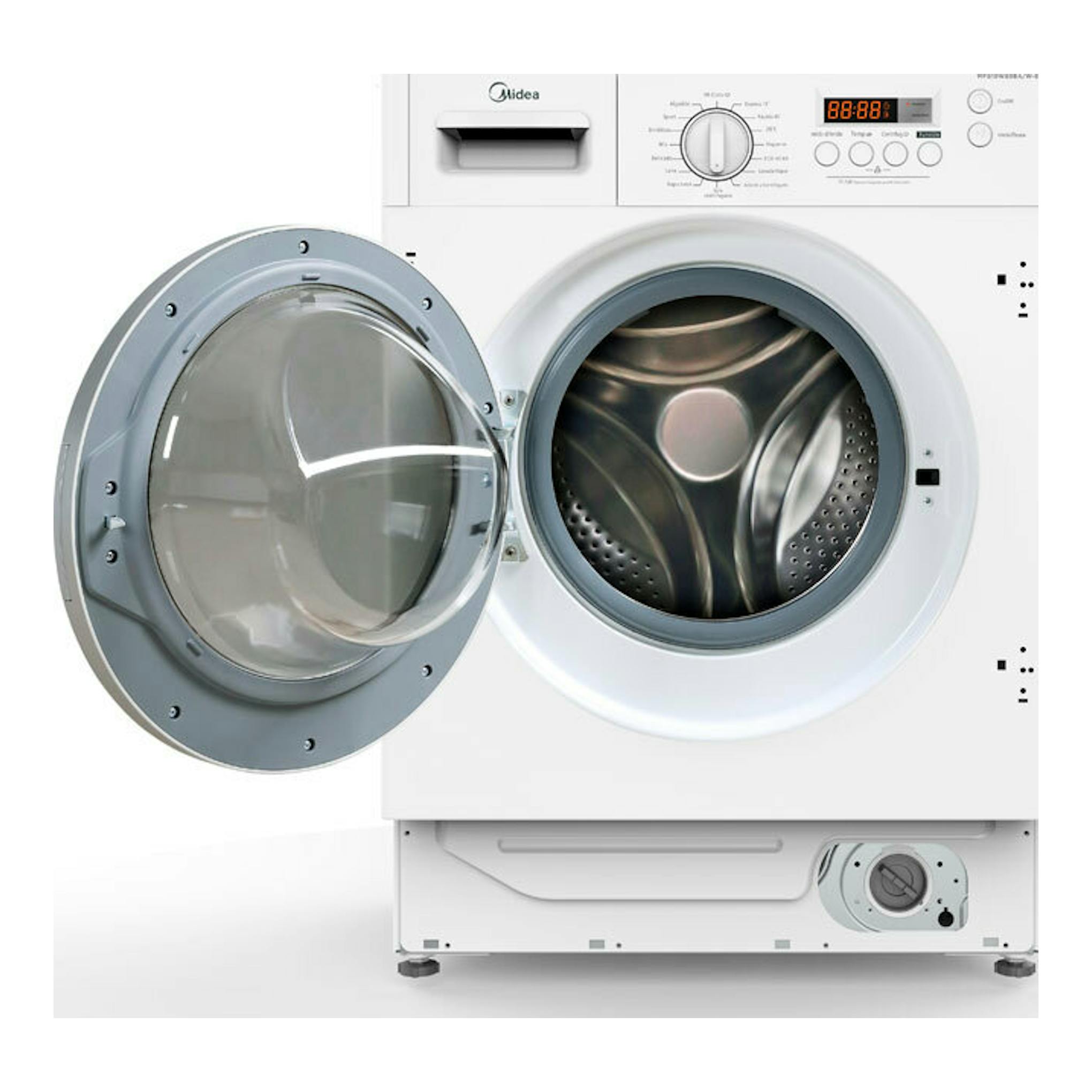 Lavadora Midea MFG10W80A/W-ES blanca, vista frontal, con la puerta abierta.