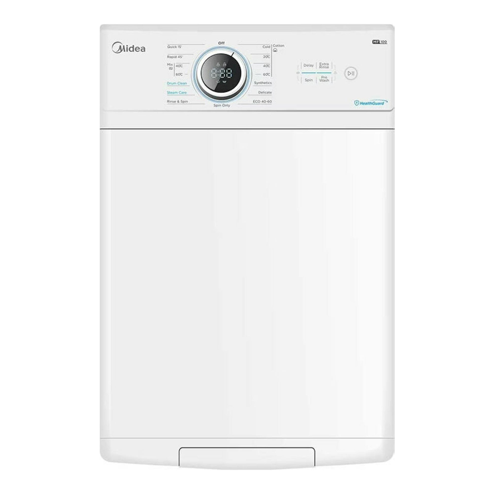 Lavadora Midea MF100T80B/W-ES blanca, vista frontal, de carga superior, con panel de control superior.