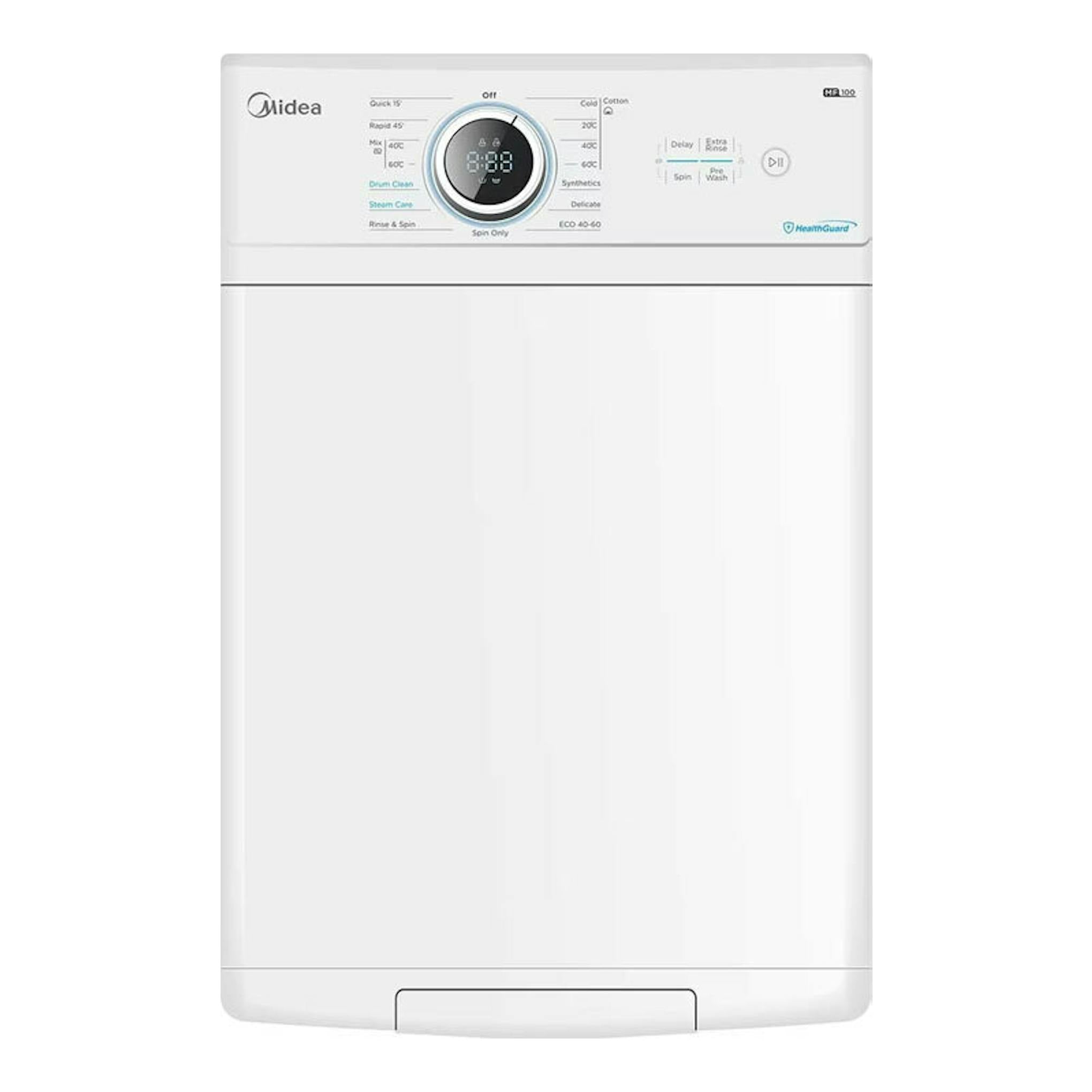 Lavadora Midea MF100T80B/W-ES blanca, vista frontal, de carga superior, con panel de control superior.