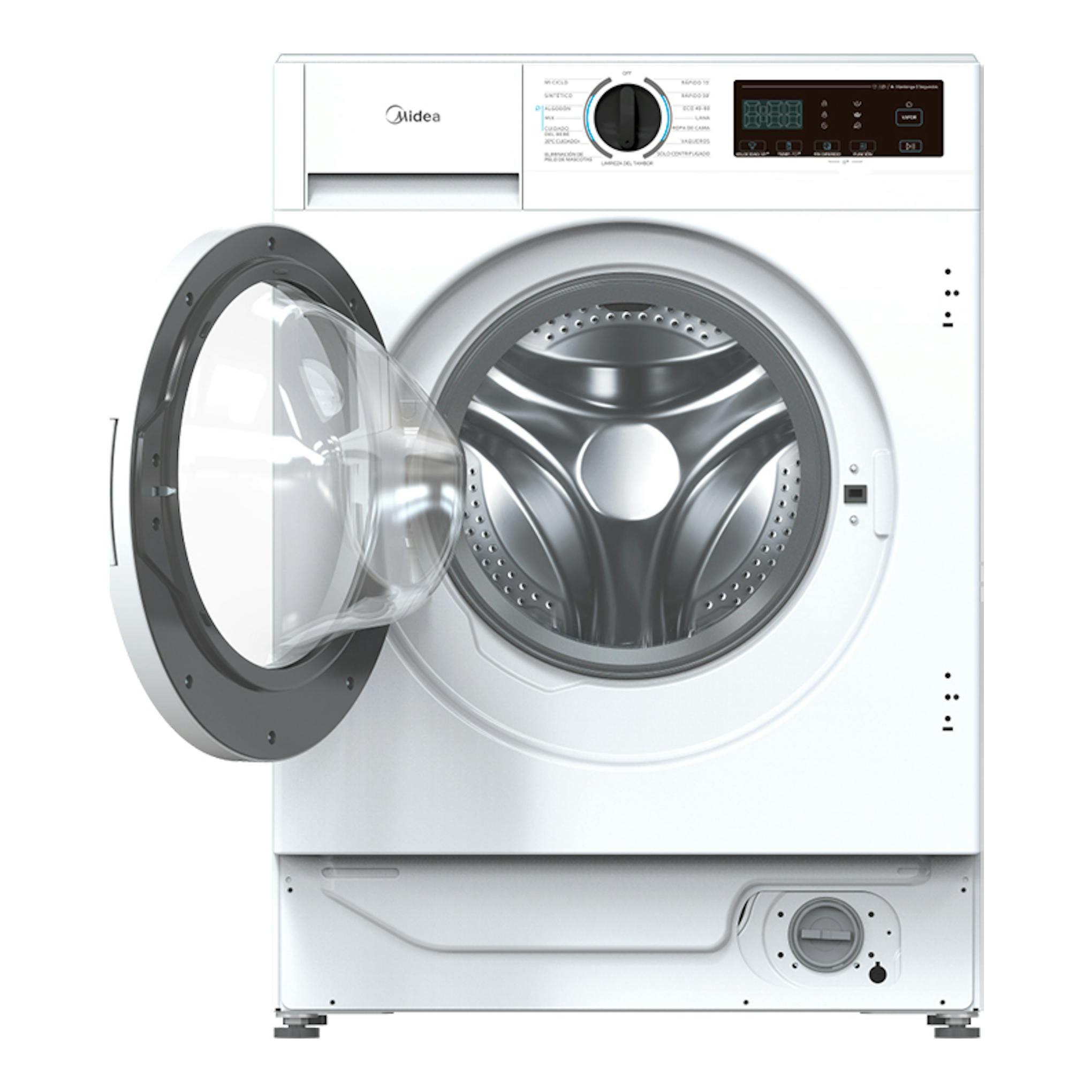 Lavadora frontal Midea MFA06W80BA10/W-ES blanca, vista frontal, con la puerta abierta y panel digital.