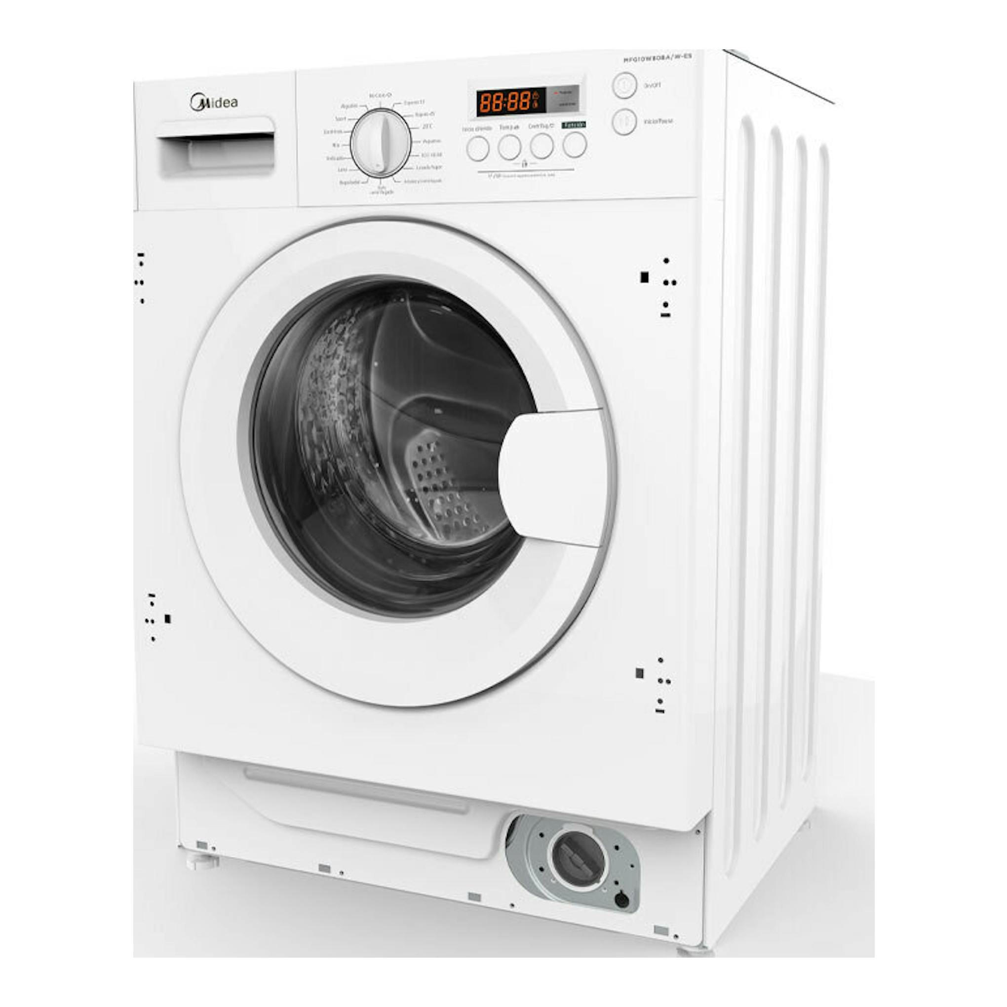 Lavadora Midea MFG10W80A/W-ES blanca de 8 kg, vista frontal en ángulo, con puerta circular y panel digital.