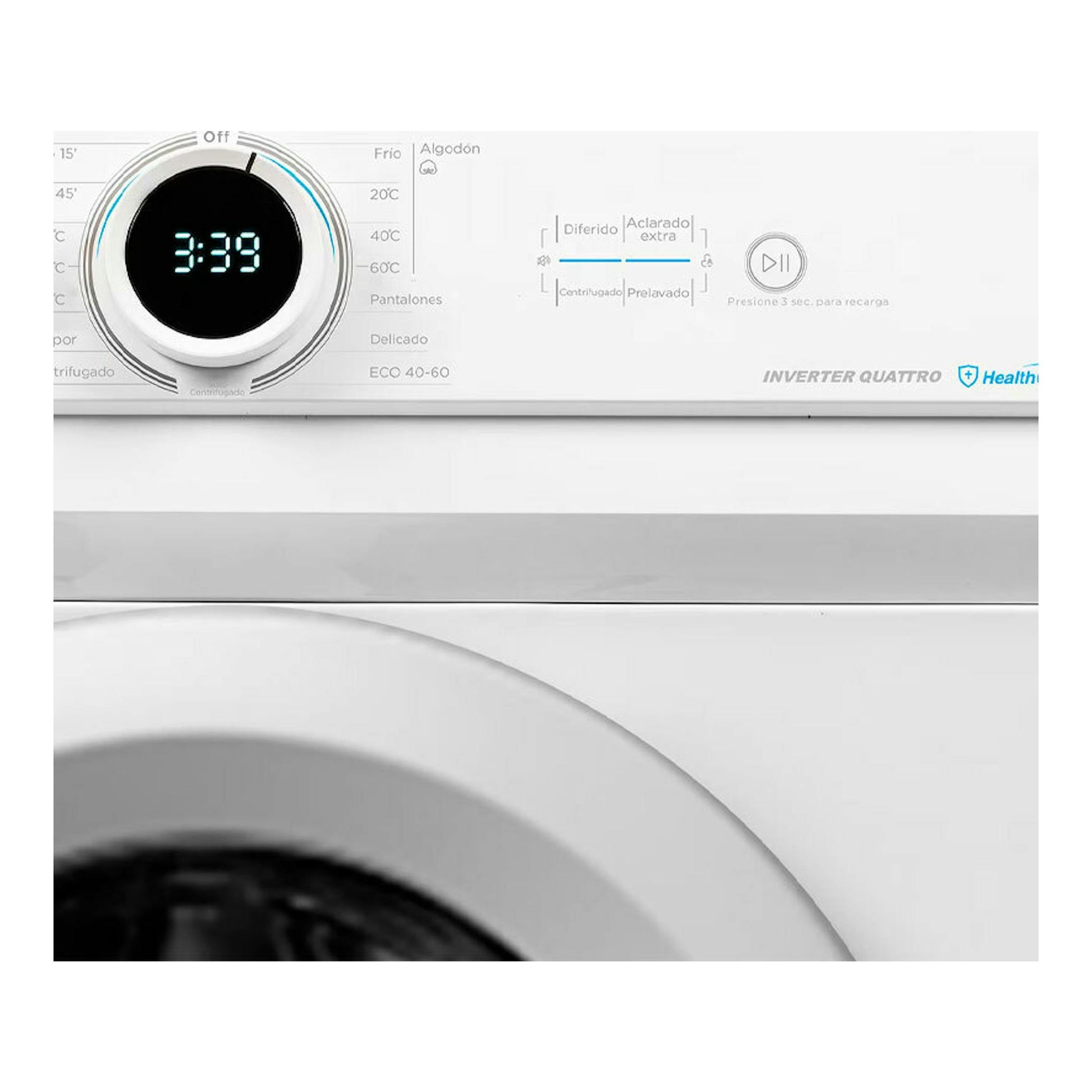 Lavadora Midea MF100W80B/1/W-ES blanca, vista frontal parcial con panel digital y puerta inferior.