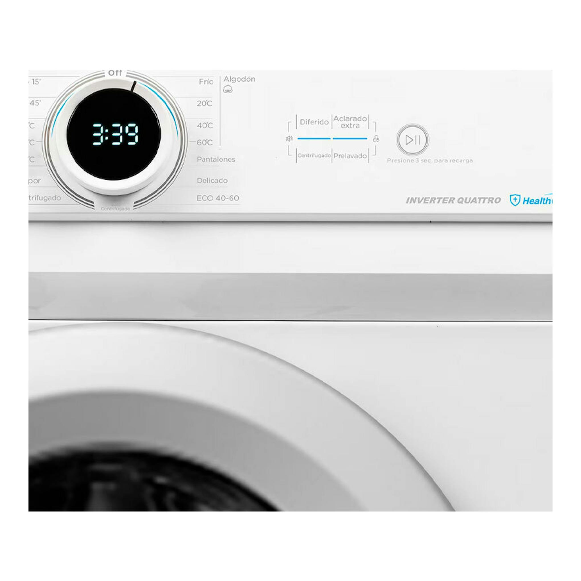 Lavadora Midea MF100W80B/1/W-ES blanca, vista frontal parcial con panel digital y puerta inferior.