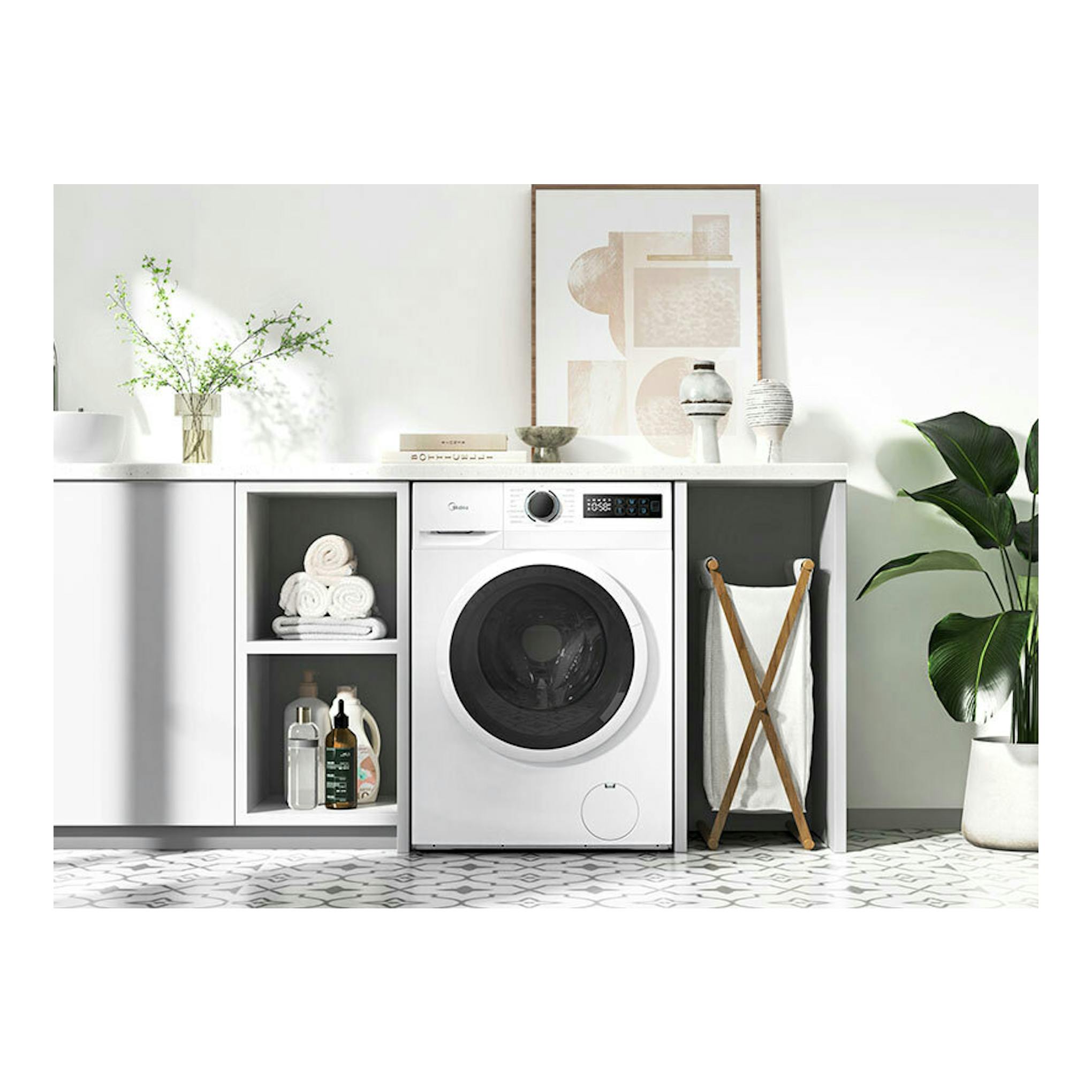Lavadora frontal Midea MF110W80BA10/W-ES blanca, vista frontal, integrada en mueble.