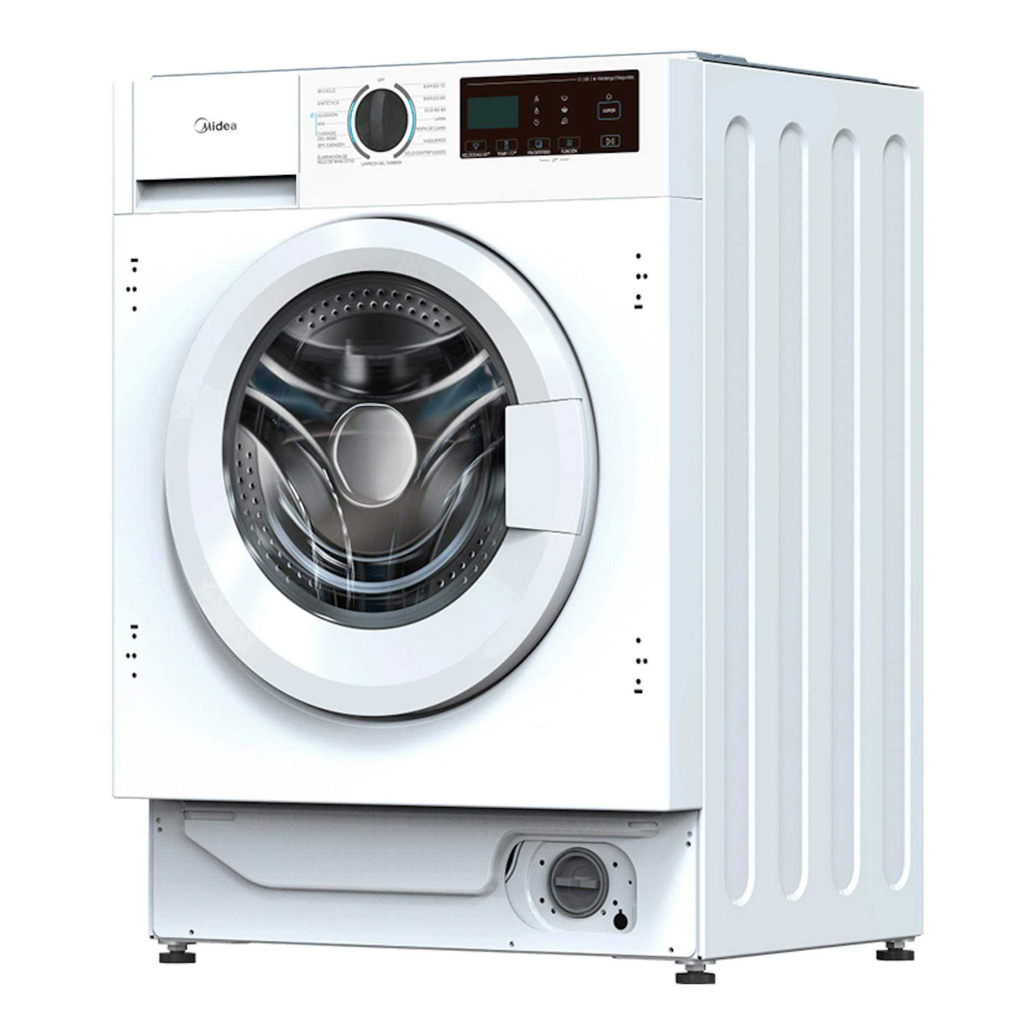 Lavadora frontal Midea MFA06W80BA10/W-ES blanca, vista frontal en ángulo, con puerta circular y panel digital.