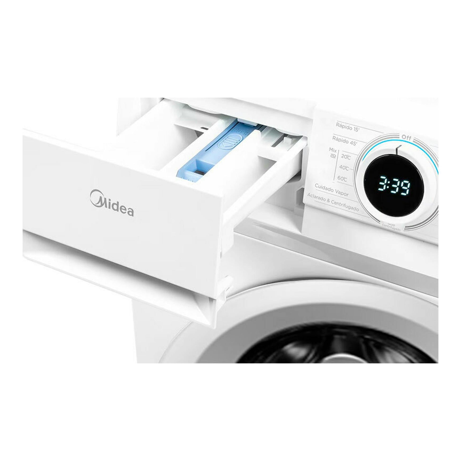 Lavadora Midea MF100W80B/1/W-ES blanca, vista frontal parcial, con cajón de detergente abierto y panel digital.
