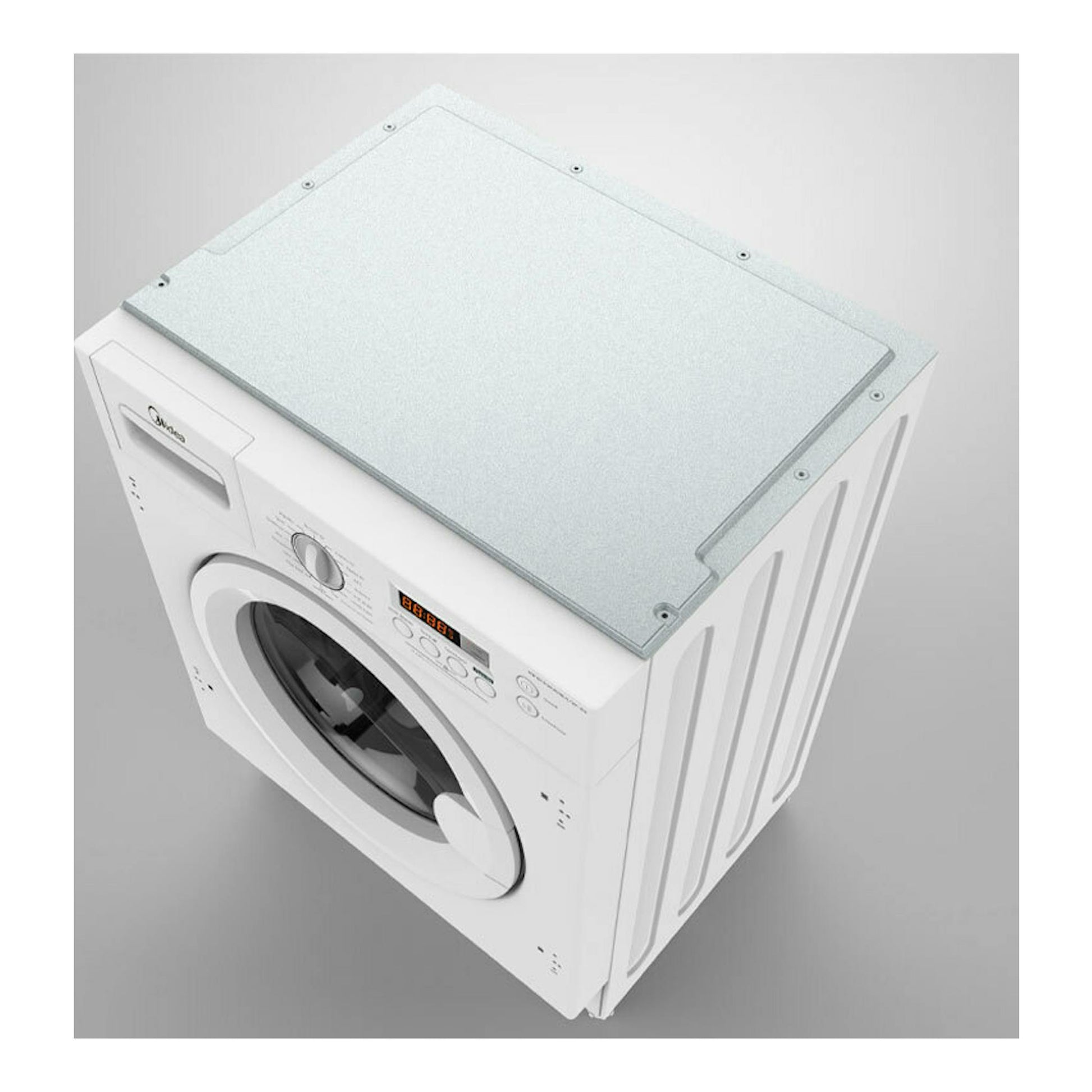 Lavadora Midea MFG10W80A/W-ES de 8 kg, blanca, vista en ángulo superior frontal, con puerta frontal.