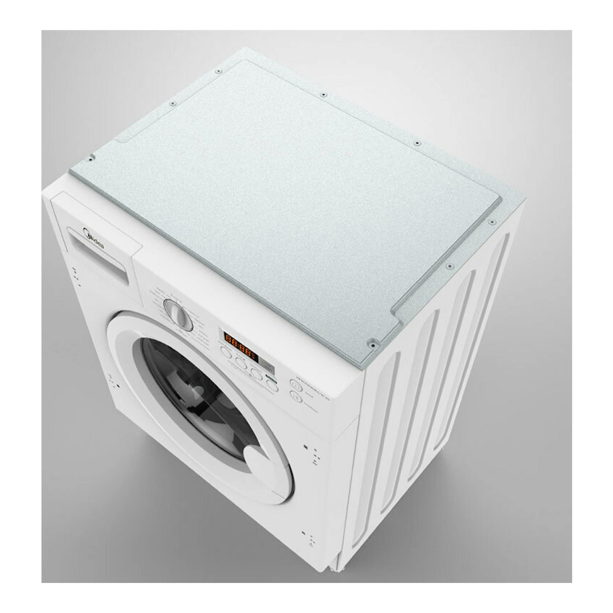 Lavadora Midea MFG10W80A/W-ES de 8 kg, blanca, vista en ángulo superior frontal, con puerta frontal.