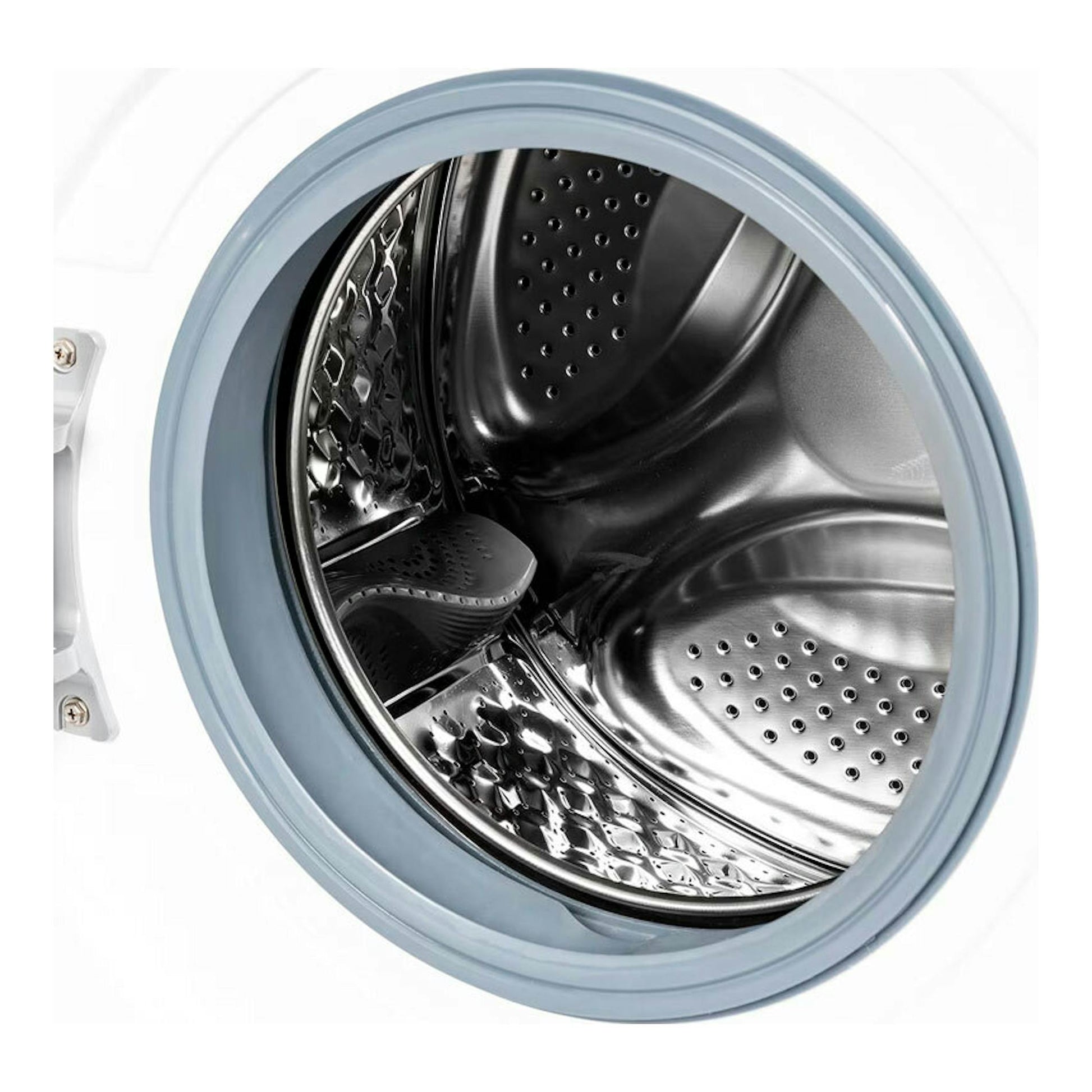 Lavadora Midea MF100W80B/1/W-ES blanca, vista frontal del tambor interior de acero inoxidable.
