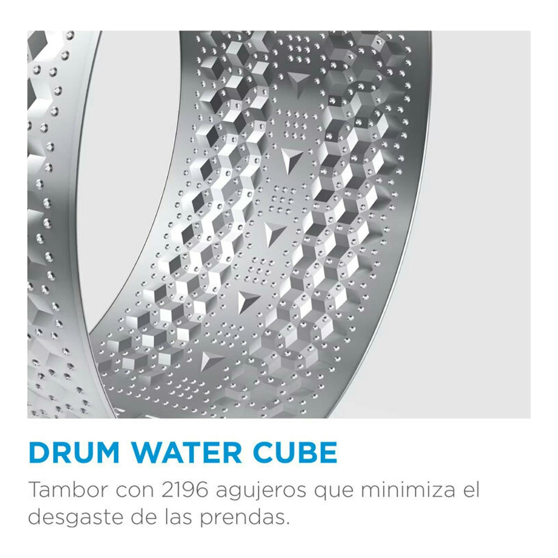 Lavadora Midea MF100W80B/1/W-ES, detalle del tambor gris con perforaciones y diseño Water Cube.