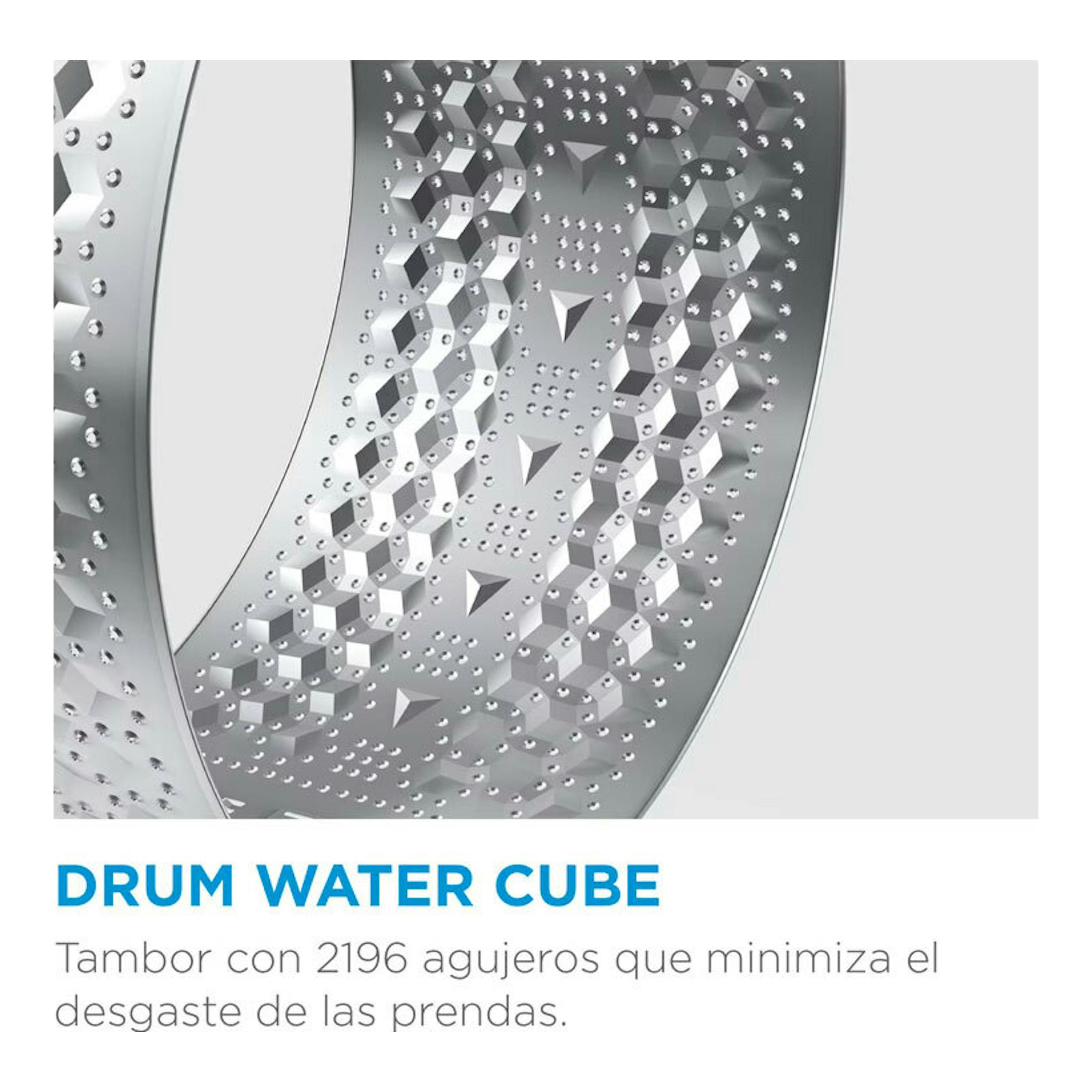 Lavadora Midea MF100W80B/1/W-ES, detalle del tambor gris con perforaciones y diseño Water Cube.