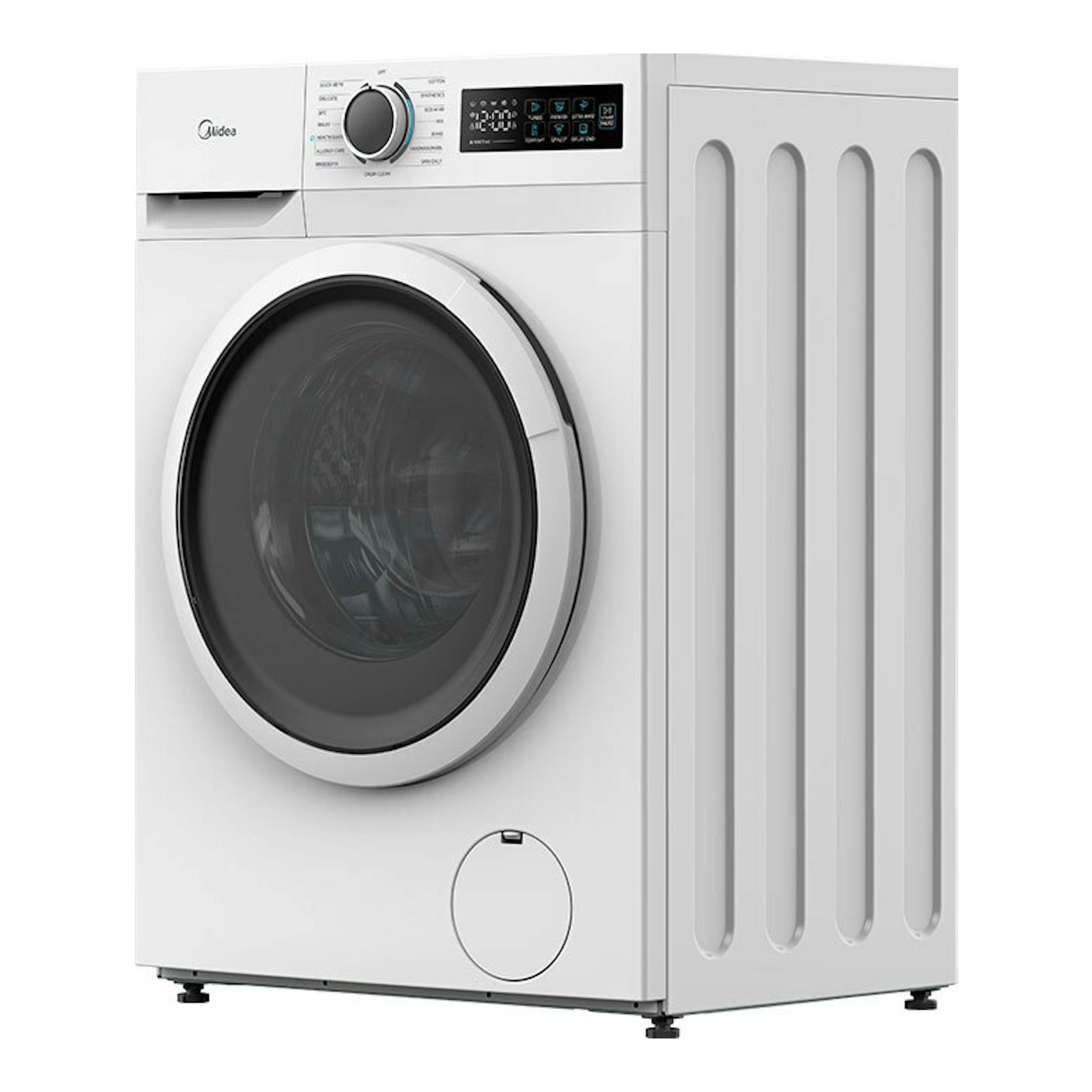 Lavadora frontal Midea MF110W80BA10/W-ES blanca, vista frontal en ángulo derecho.