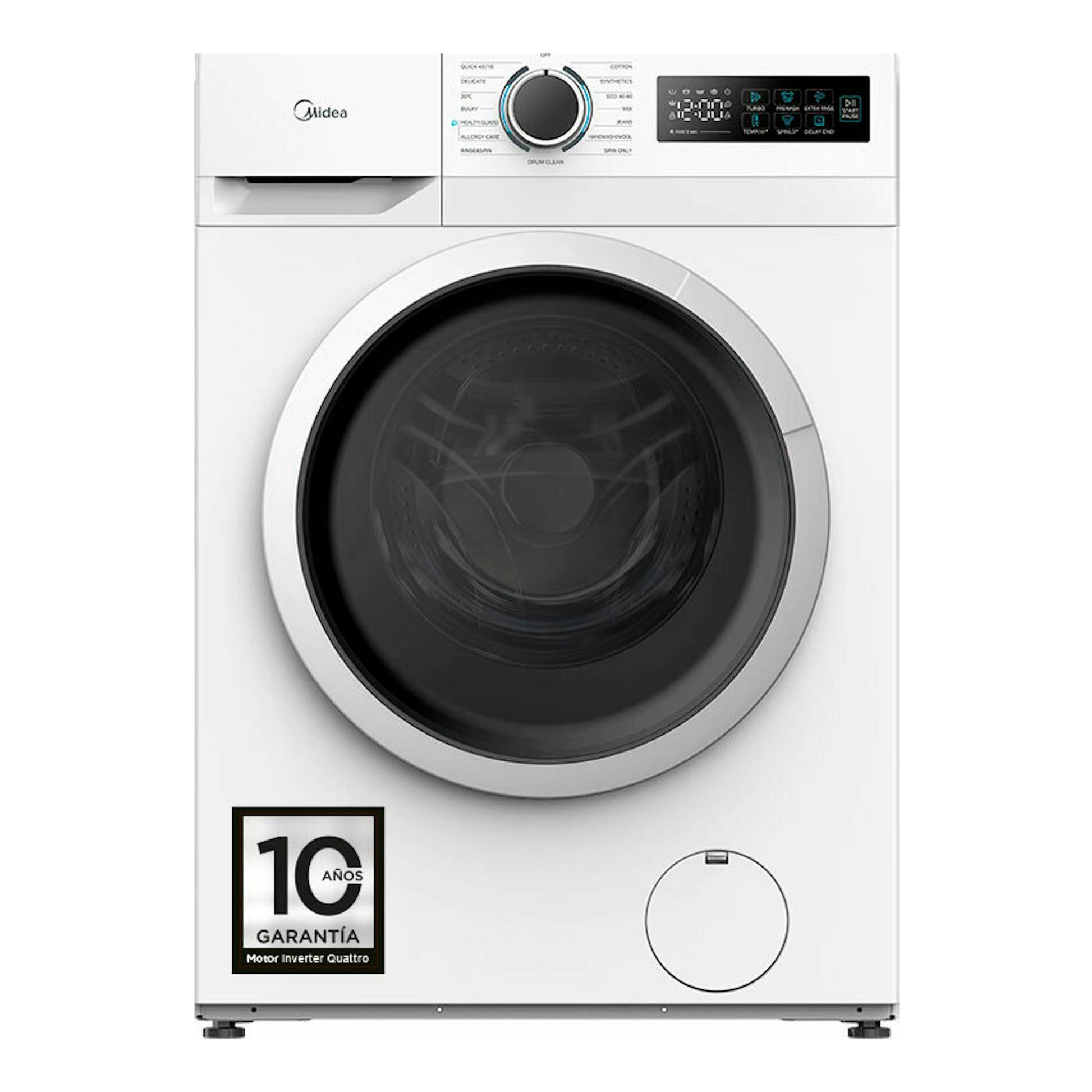 Lavadora frontal blanca Midea MF110W90BA10/W-ES, vista frontal, con puerta negra y panel digital.