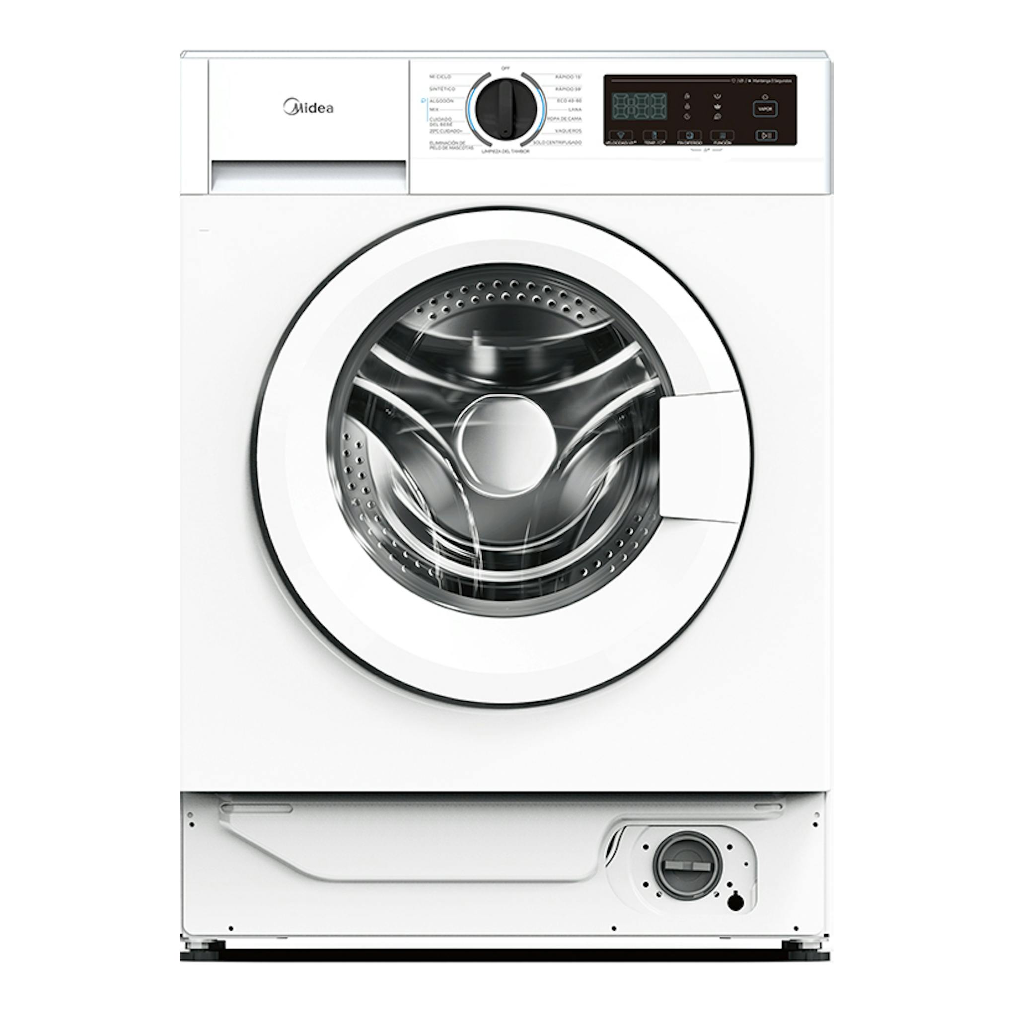 Lavadora Midea MFA06W90BA/W-ES blanca, vista frontal, con puerta circular y panel de control superior.