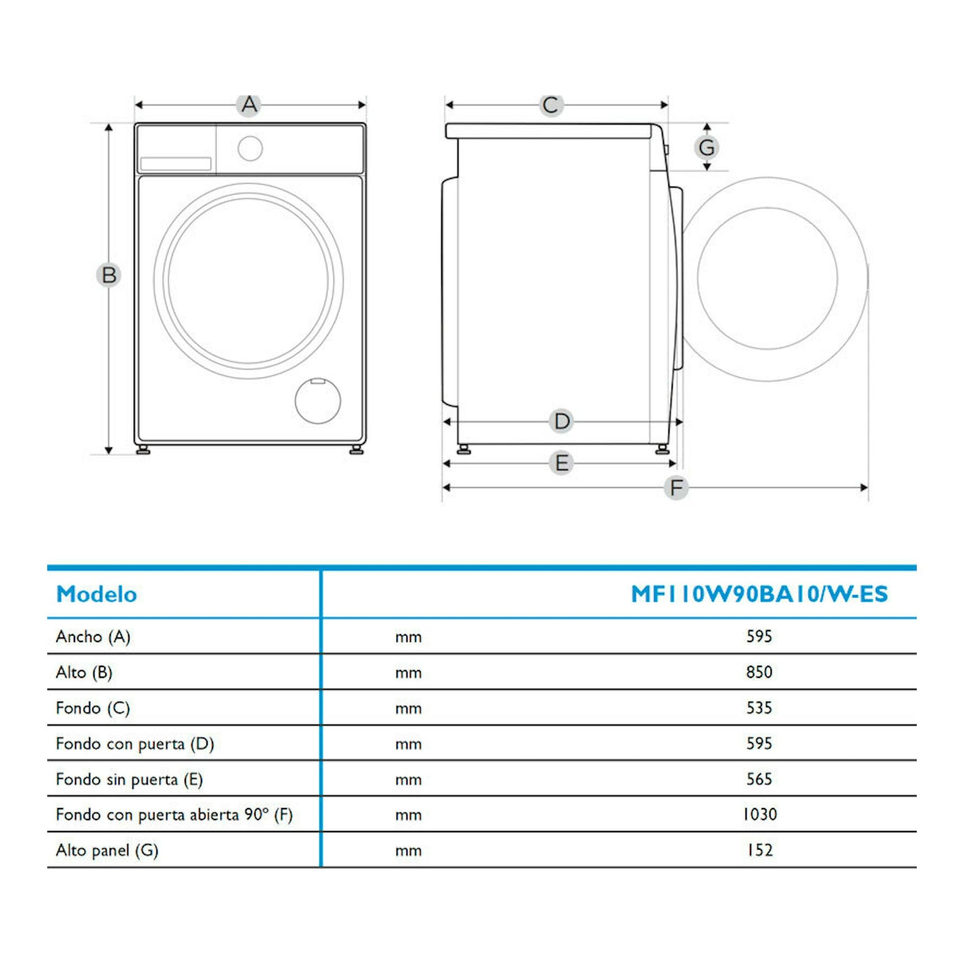Lavadora Midea MF110W90BA10/W-ES en vista frontal y lateral, con esquema de medidas en blanco.