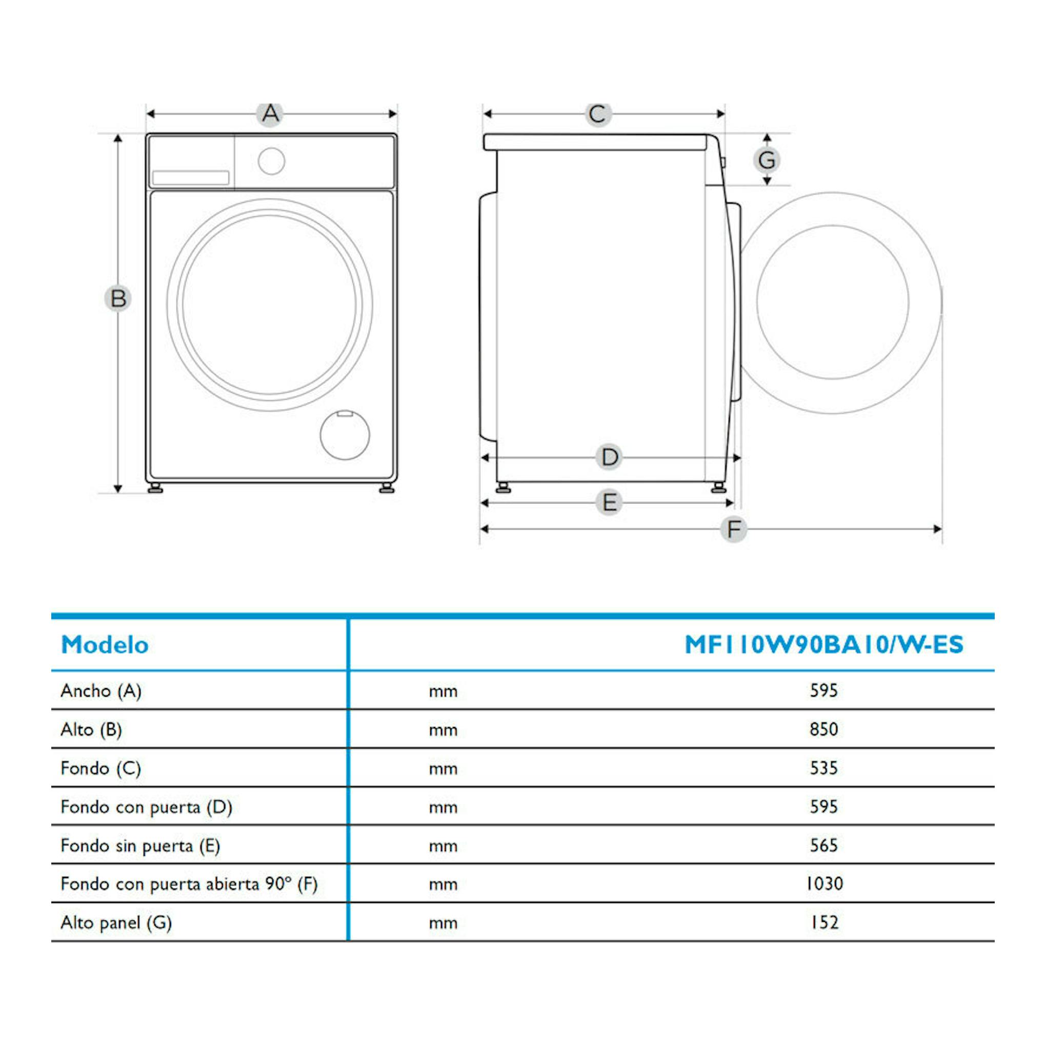 Lavadora Midea MF110W90BA10/W-ES en vista frontal y lateral, con esquema de medidas en blanco.
