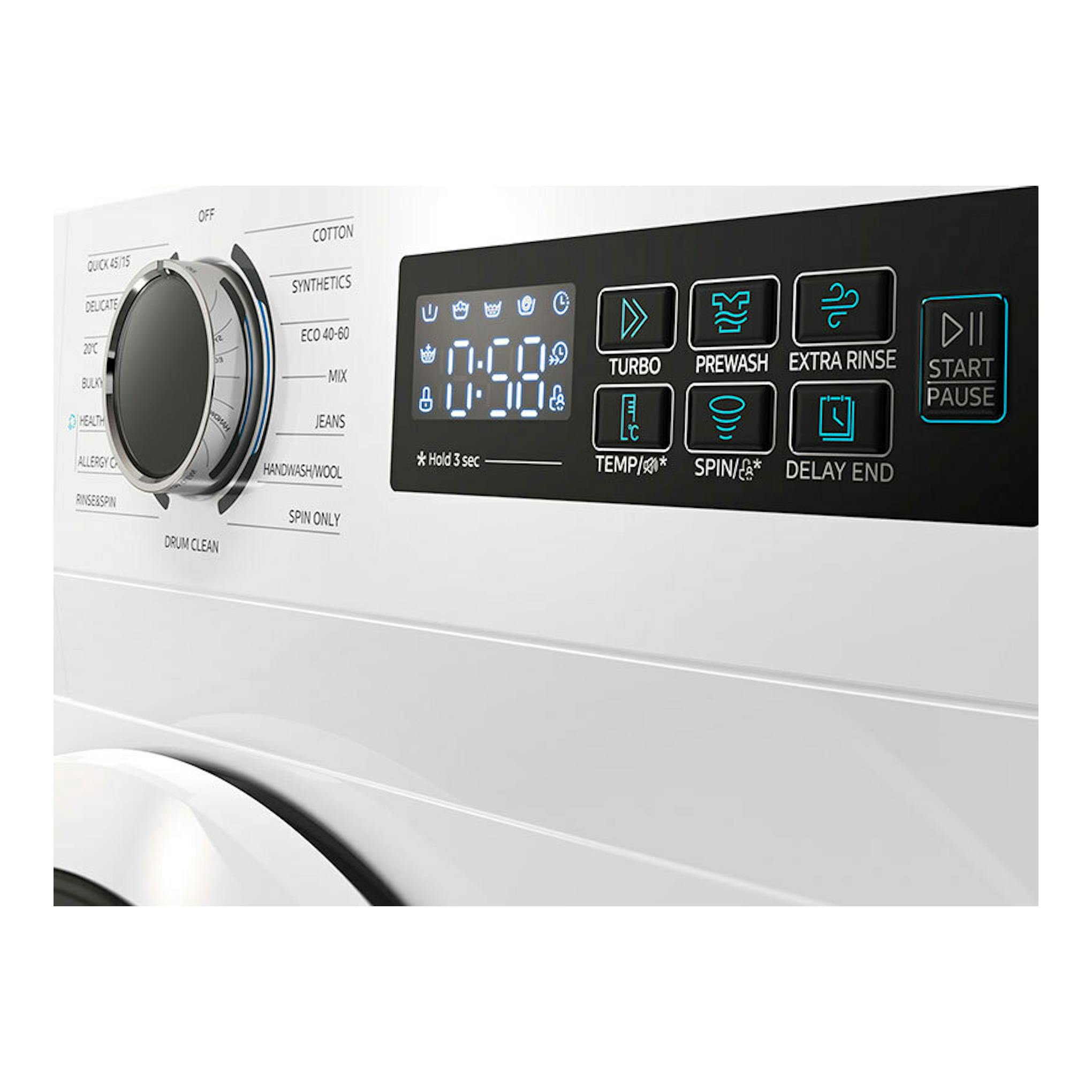 Panel frontal parcial de lavadora Midea MF110W90BA10/W-ES blanca, con selector giratorio y pantalla LED iluminada.