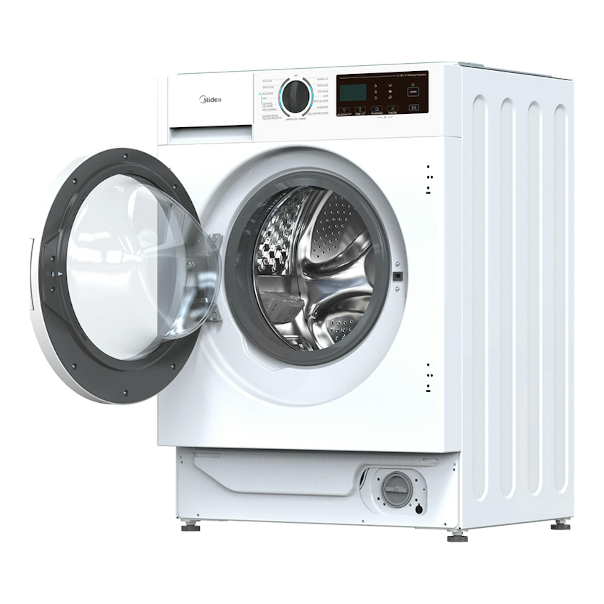 Lavadora frontal Midea MFA06W90BA/W-ES blanca, vista frontal en ángulo, con puerta y tambor abiertos.
