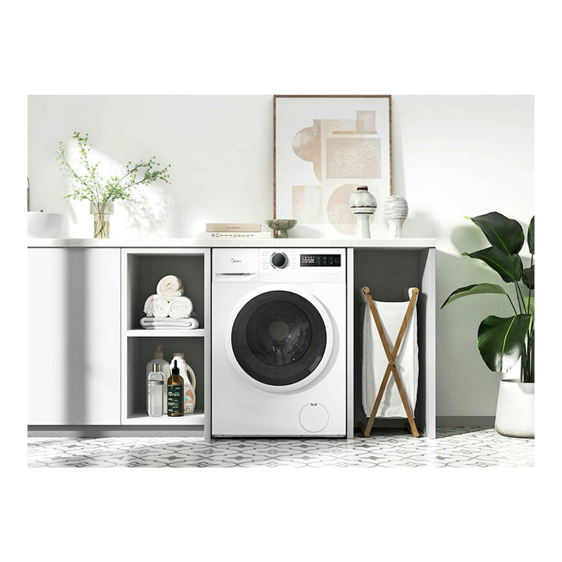 Lavadora Midea MF110W90BA10/W-ES blanca de carga frontal, vista frontal.