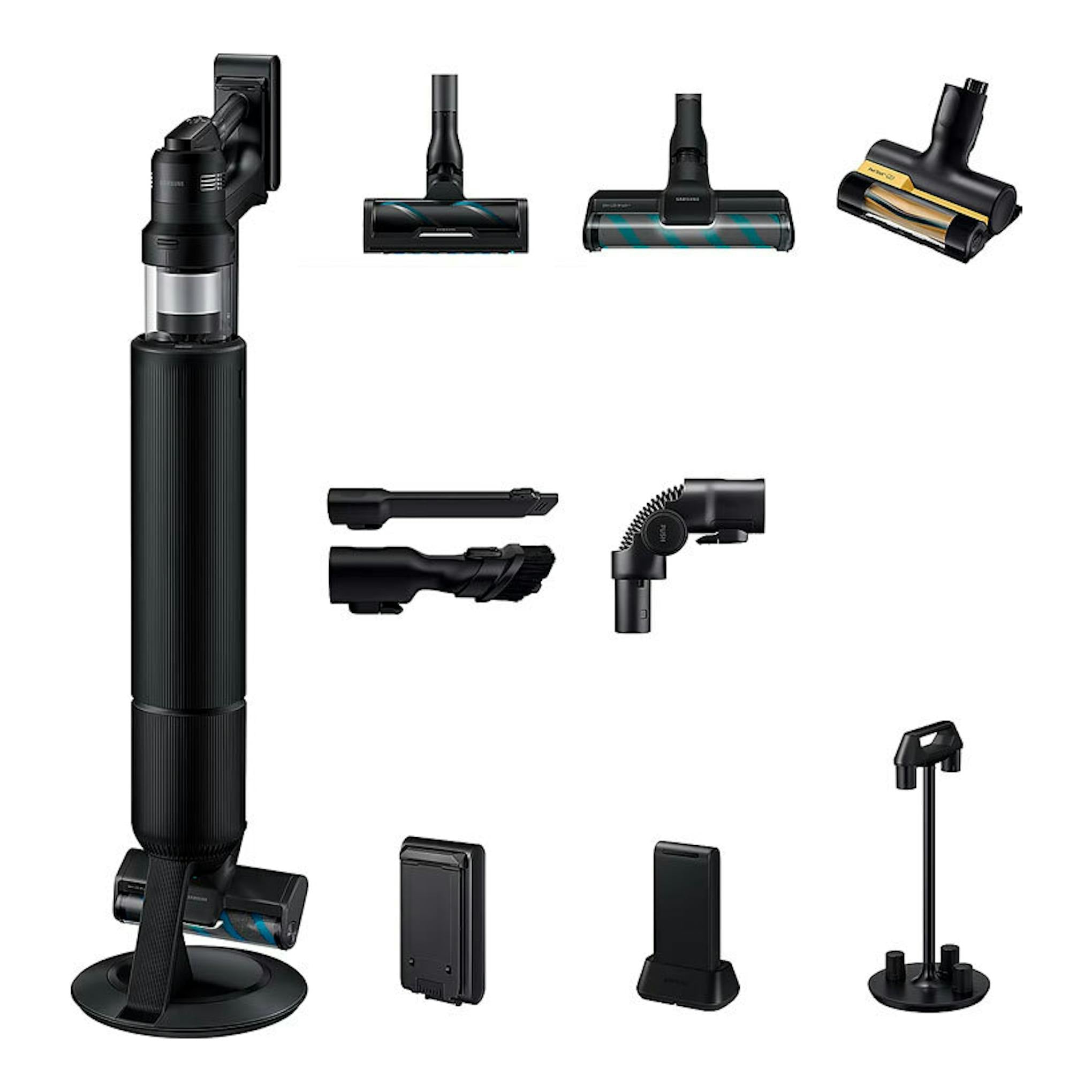 Aspiradora Samsung VS90F40DEK/WA negra, tipo escoba, con base de carga y varios accesorios sobre fondo blanco.